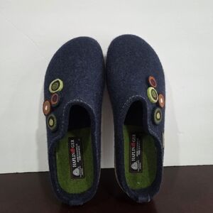 Haflinger Grizzly Clogs Dark Blue Wool Slippers with Green Lining Sz.39